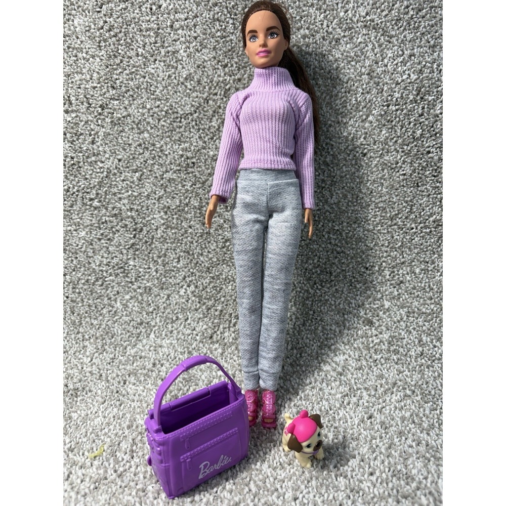 Barbie Brunette Doll purple Sweater‎ Grey Pants bag Puppy Accessories